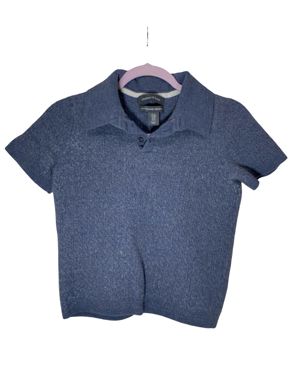 Grayson & Dunn Blue 100% Ultrafine Merino Wool Knit Polo Shirt Short Sleeve